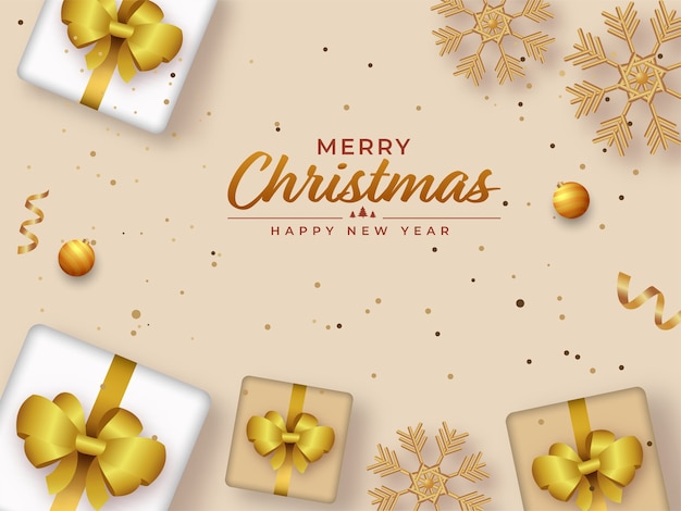 Feliz Natal Feliz Ano Novo Texto com vista de cima em caixas de presente realistas