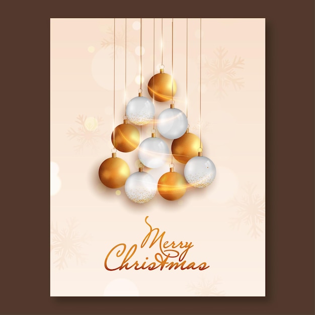 Feliz Natal Flyer Design com bolas penduradas e flocos de neve no fundo pêssego Bokeh