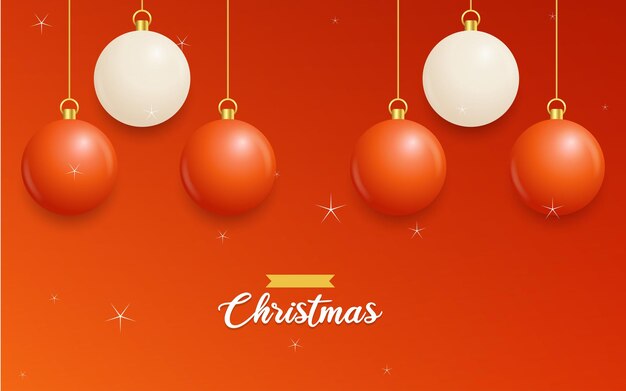 Feliz natal fundo vermelho com bolas brancas e vermelhas penduradas cartazes de natal horizontais cartões de saudação ilustração vetorial