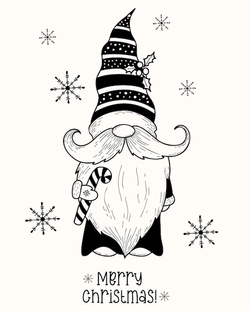 Feliz natal gnomos fofos papai noel com bastão de caramelo desenhado à mão no estilo doodle