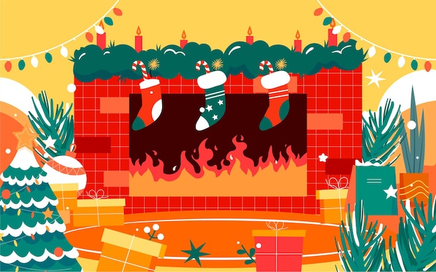 Feliz natal ilustração de personagem cartaz decorado com árvore de natal na véspera de natal