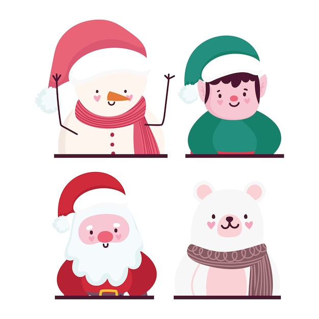 Feliz natal, ilustração do vetor de ícones de urso e boneco de neve bonito retrato