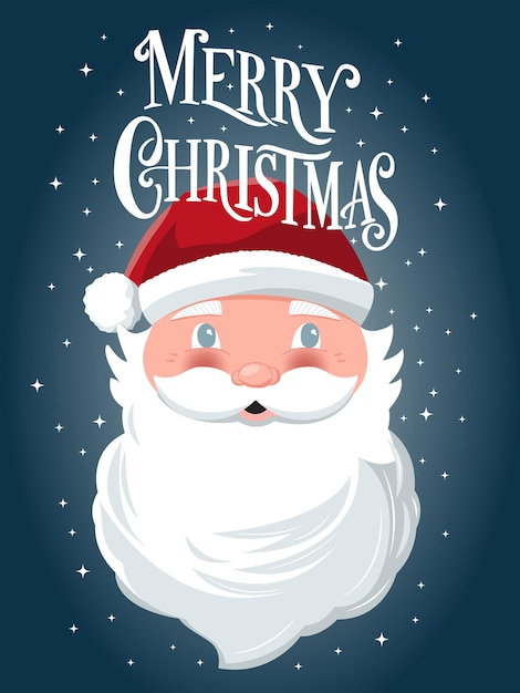 Feliz natal letras de mão sinal com mão desenhada de papai noel em fundo azul escuro com estrelas. ilustração colorida festiva do vetor