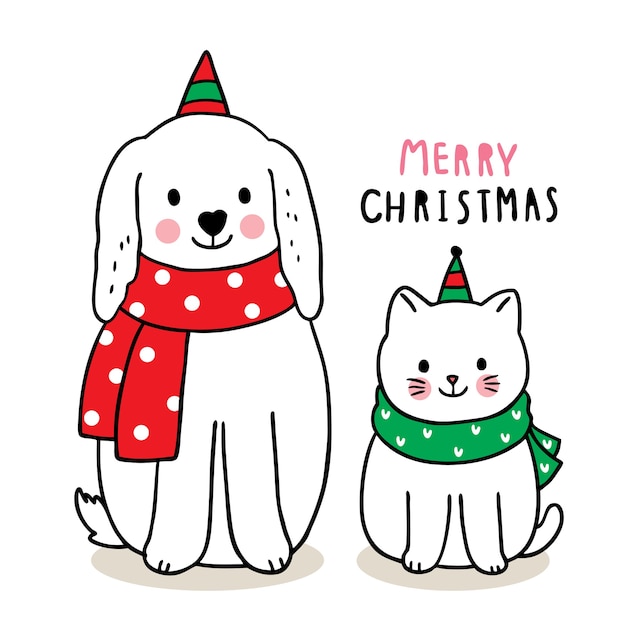 Feliz natal mão desenhar desenho bonito cão e gato.