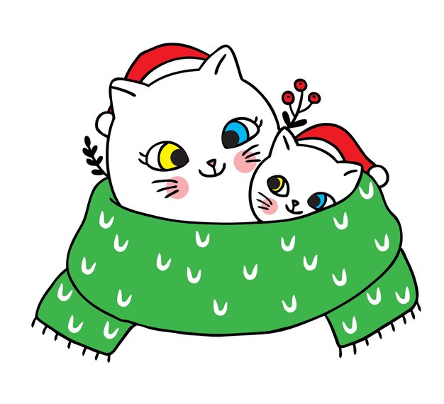 Feliz natal mão desenhar desenhos animados bonito mãe e bebê gato em grande lenço verde.