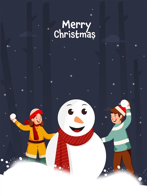 Feliz natal modelo de design com crianças alegres, jogando de bola de neve e personagem de boneco de neve sobre fundo azul.