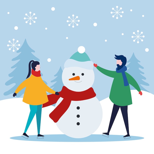 feliz natal mulher e homem com boneco de neve