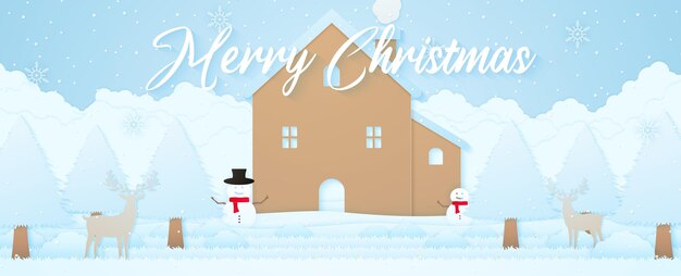 Feliz natal, paisagem de inverno, renas, casa, boneco de neve e árvores na neve com neve caindo