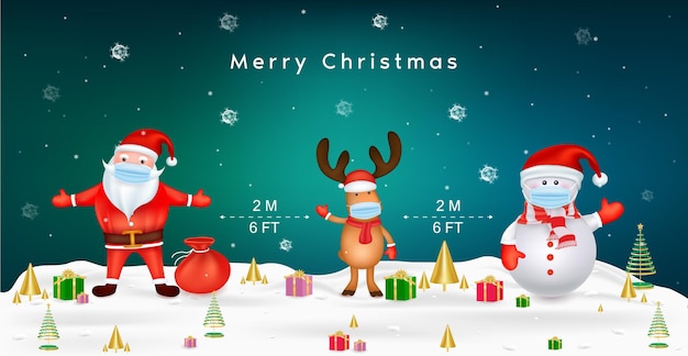 Feliz Natal para o novo conceito de estilo de vida normal Papai Noel, boneco de neve e renas com máscara cirúrgica protegem o conceito de distanciamento social do coronavírus devido ao cobiçado