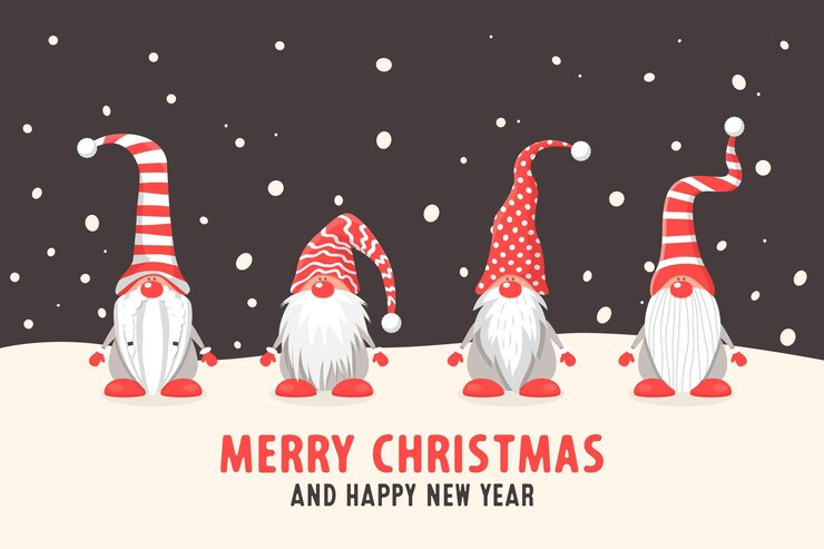 Vetor feliz natal postal quatro vetores natal gnomos bonitos com tampas vermelhas em estilo simples em fundo escuro anões design modelo para feliz natal e feliz ano novo cartão desenhos animados crianças personagens
