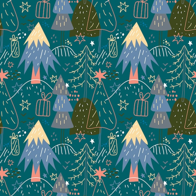 Feliz natal sem costura padrão com árvores minimalistas simples em um fundo escuro floresta doodle