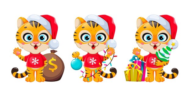 Feliz natal. tigre de personagem de desenho animado bonito no chapéu de papai noel, um conjunto de três poses. ilustração em vetor de estoque em fundo branco