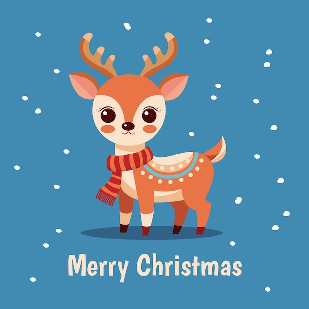 Feliz Natal, um cartão de saudação, uma simpática renas de Natal com um lenço, a neve está a cair.