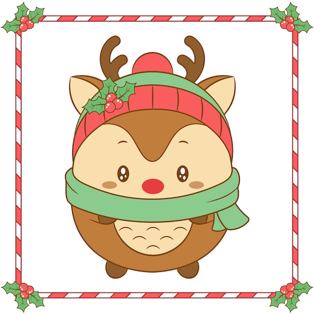 Feliz Natal Com Lindo Cervo Kawaii Desenhado à Mão Usando Lenço