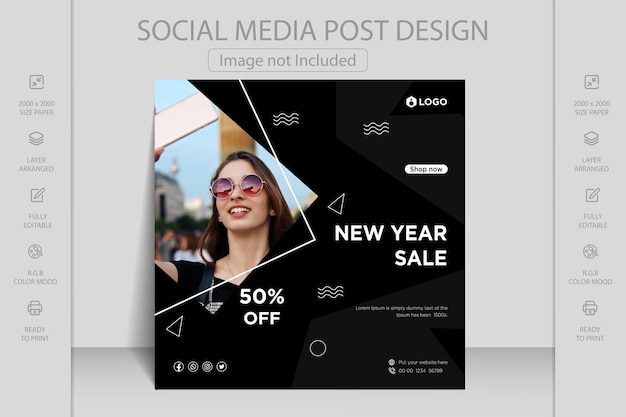 Vetor feliz natal, venda de inverno e feliz ano novo design de modelo de postagem de mídia social de banner quadrado.