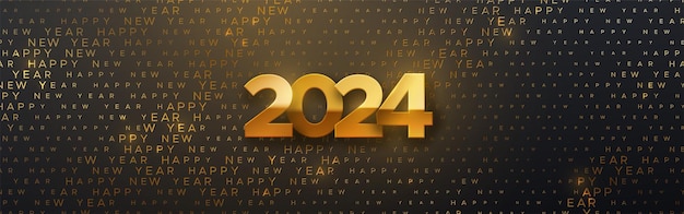 Feliz novo 2024 ano vetor feriado ilustração sazonal festivo banner design fundo preto com números dourados 2024 e tipografia padrão de meio-tom cartão de saudação ou modelo de convite de festa