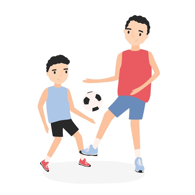 Feliz pai e filho jogando futebol. pai e filho praticando futebol. pai e filho durante o treinamento de jogos esportivos. personagens de desenhos animados adoráveis isolados no fundo branco. ilustração em vetor plana.