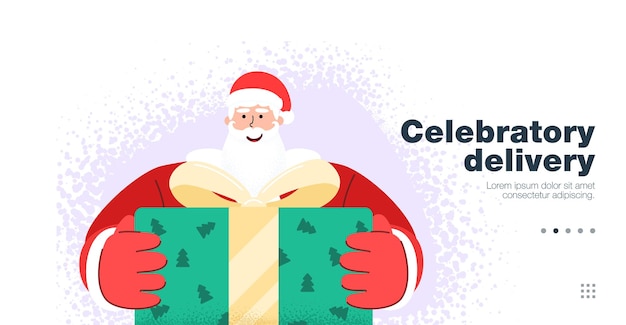 Feliz Papai Noel barbudo com um grande presente entrega presentes na véspera de Natal