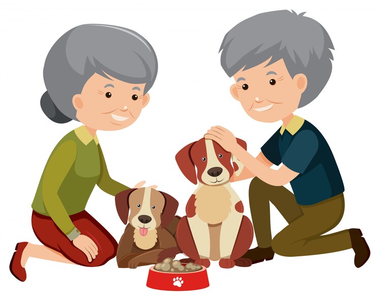 Vetor feliz, par velho, e, cachorros
