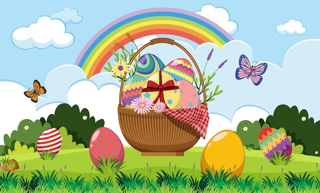 Feliz páscoa banner com ovos coloridos em uma cesta