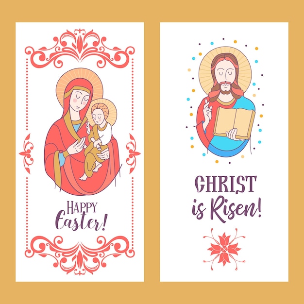 Feliz páscoa ele ressuscitou cartões de páscoa com a imagem de jesus e a virgem maria com o menino jesus nas mãos ilustração vetorial