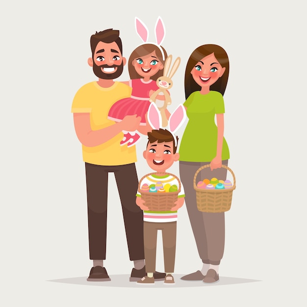 Feliz páscoa. família alegre com cestas cheias de ovos. pai, mãe, filho e filha celebram um feriado religioso juntos. no estilo cartoon.