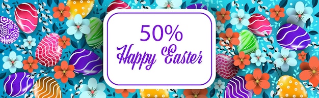 Feliz páscoa feriado celebração venda banner flyer ou cartão com ovos decorativos e ilustração horizontal de flores