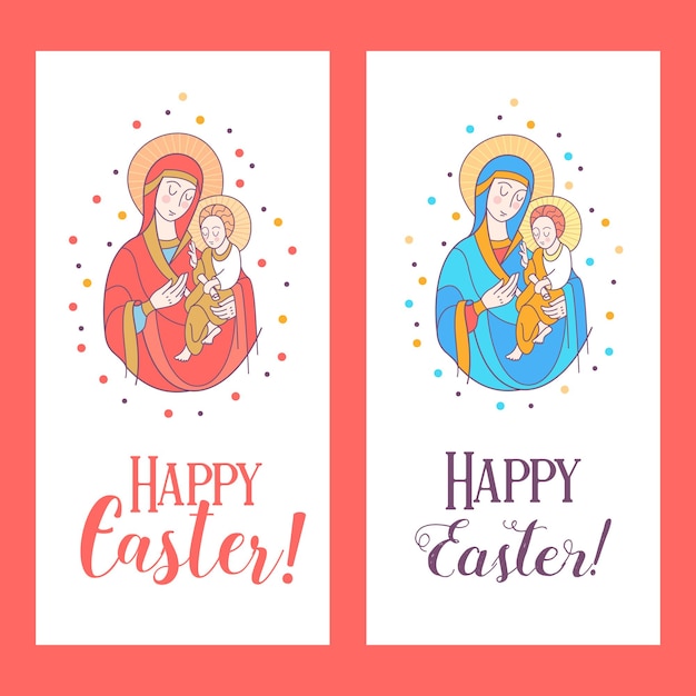 Feliz páscoa! ilustração vetorial a virgem e jesus cristo. ovos de pascoa.