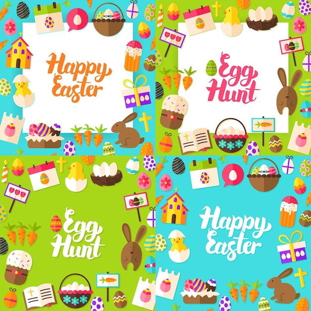 Feliz Páscoa Lettering Postais. Vector Illustration Flat Style Spring Greeting Concept com caligrafia.