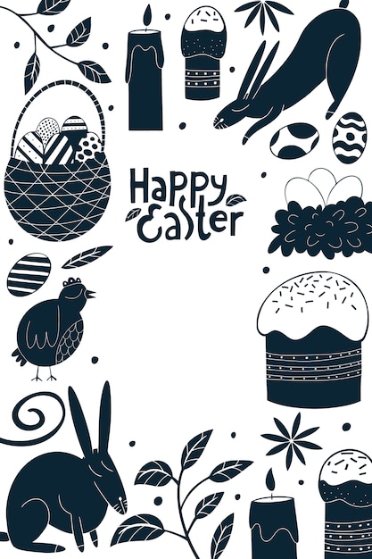 Feliz páscoa sem costura padrão. fundo de frango, coelho, flores, bolos e ovos.