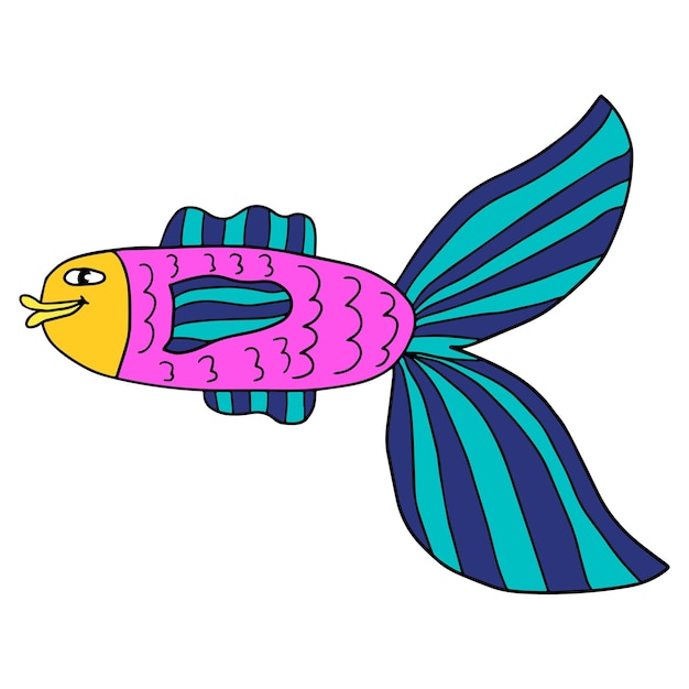 Feliz peixe de desenho animado bonito de linha fina Animal de aquário tropical alegre desenhado à mão