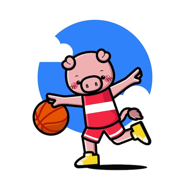 Feliz porco fofo jogando basquete