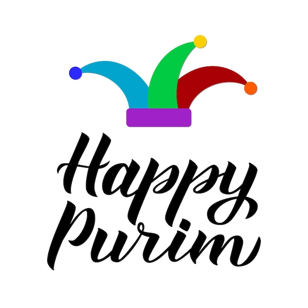 Vetor feliz purim caligrafia letras à mão e chapéu de palhaço isolado em branco cartaz tradicional de carnaval judaico modelo vetorial para festa de máscaras convite cartão de saudação banner flyer