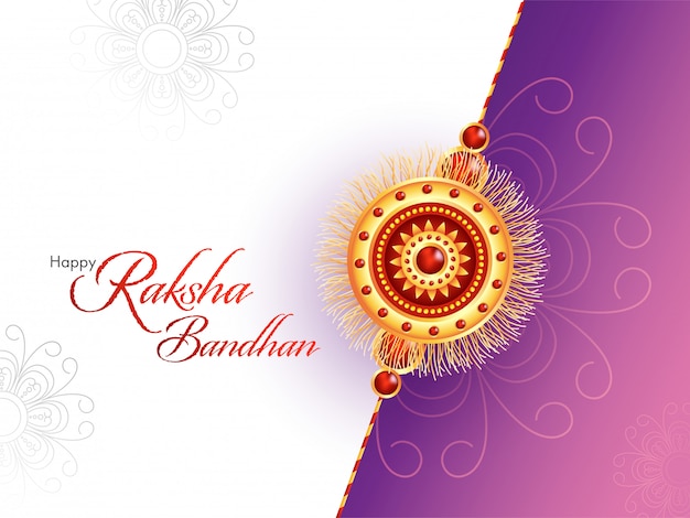 Feliz Raksha Bandhan Font com Rakhi bonito (pulseira) em fundo floral branco e roxo.
