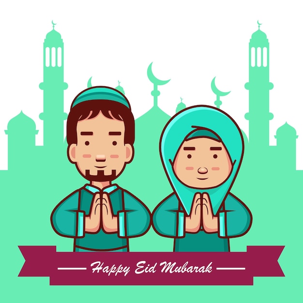 Feliz ramadã e ilustração de personagem eid mubarak