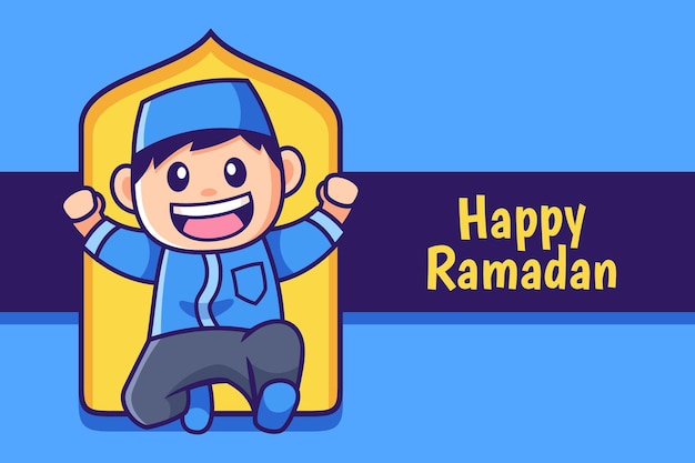 Feliz ramadan cartoon garoto muçulmano pular