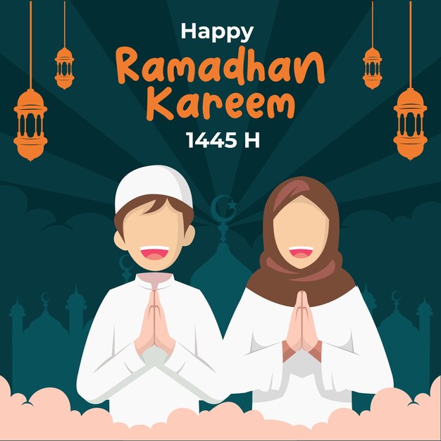 Vetor feliz ramadan kareem 1445 cartão de saudação vetor isolado desenho animado muçulmano islâmico melhor para um muçulmano