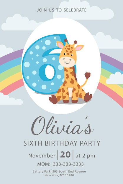 Vetor feliz sexto aniversário com cartão de convite de menina girafa