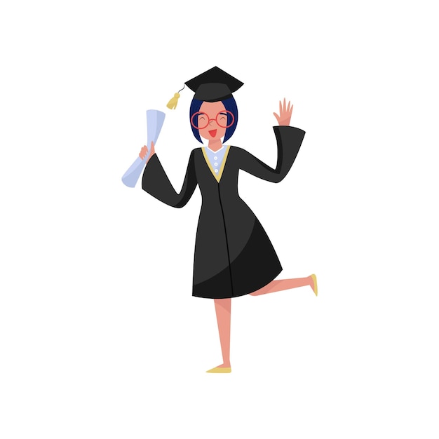 Feliz sorridente graduada em vestido de formatura, segurando o diploma nas mãos vetoriais ilustrações em um fundo branco