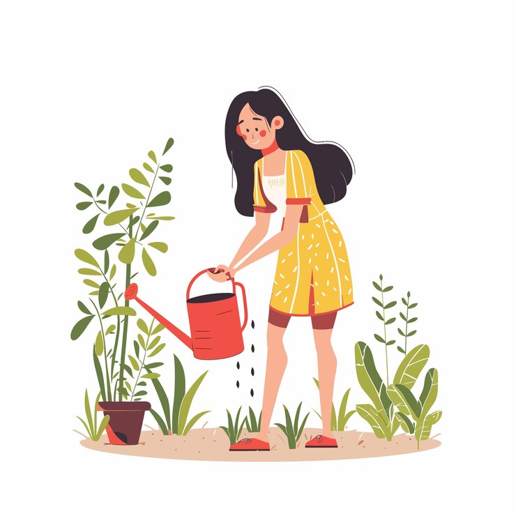 Vetor feliz, sorridente, jovem, mulher, personagem, regando flores.