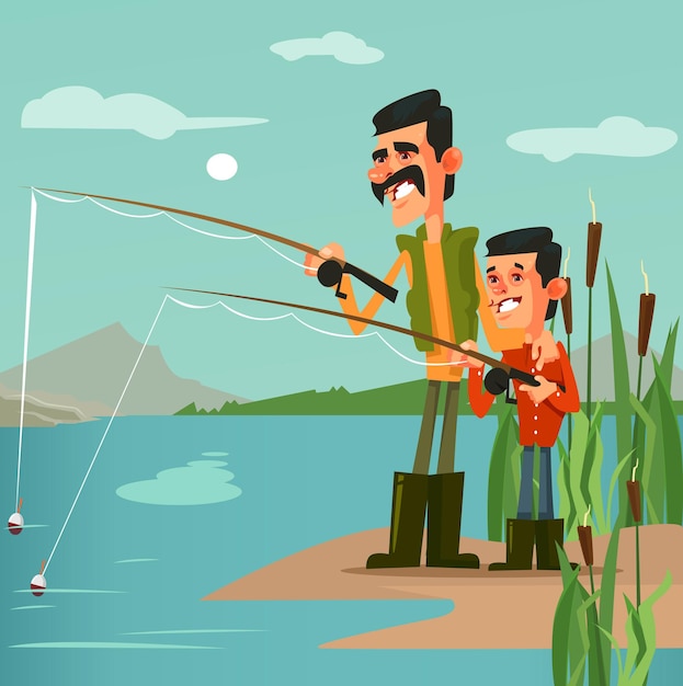 Feliz sorridente pai pescador pai e filho personagens de pesca.