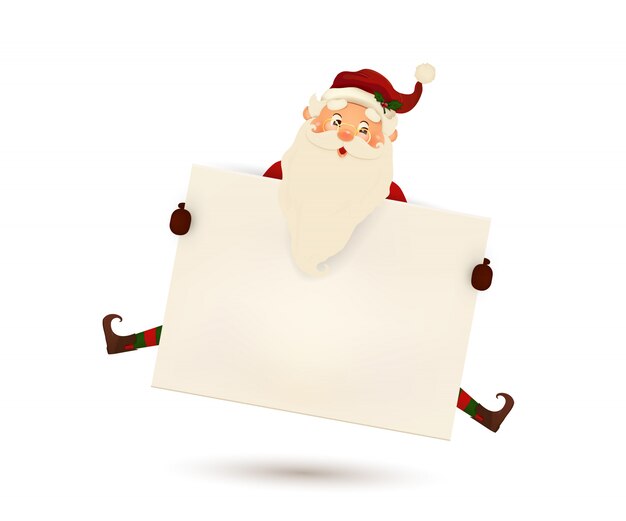 Feliz sorridente papai noel com placa, banner de propaganda. desenho animado papai noel personagem bonito com espaço branco cópia. ilustração