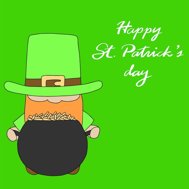 Feliz st. cartão do dia de patrick. leprechaun com caldeirão e moedas. ilustração em vetor.