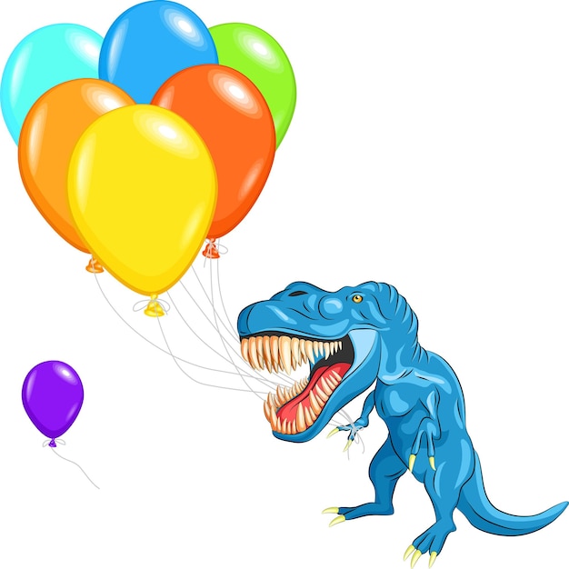 Vetor feliz tiranossauro azul com dentes afiados e garras com balões multicoloridos