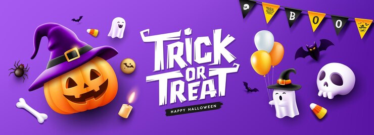 Vetor feliz truque de halloween ou tratar texto chapéu de abóbora sorriso balões fantasma segurando um balão