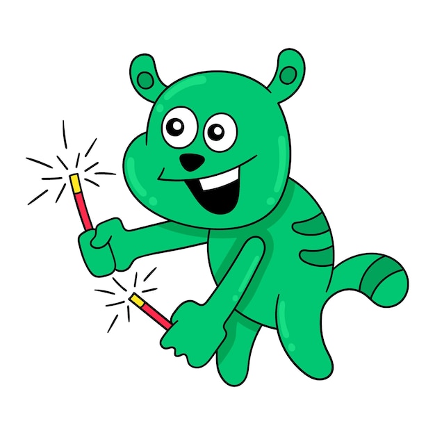 Feliz urso verde iluminando a imagem do ícone do doodle da festa de fogos de artifício kawaii