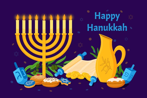 Feliz vela de Hanukkah e símbolos tradicionais cartão de saudação festa de crianças bandeira com menorah dreidel e dinheiro hebraico ramo de oliveira e estrela de Davi ilustração vetor utter bandeira web