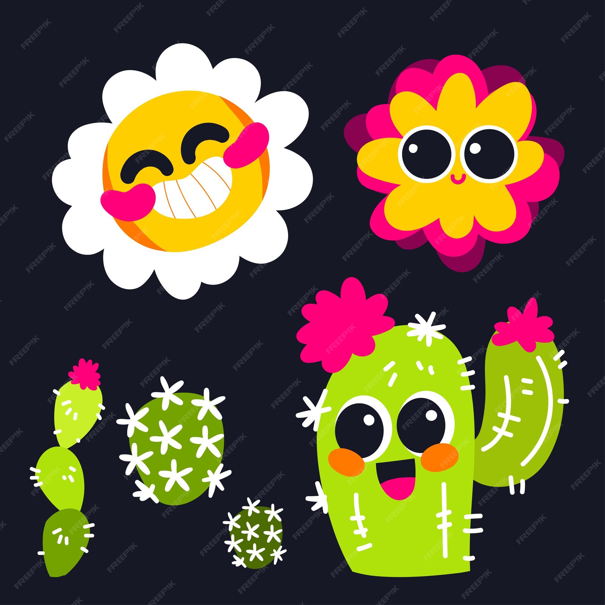 Feliz verão trippy e plantas da moda flor margarida cactus smiley enfrenta  ilustração kawaii fofa | Vetor Premium