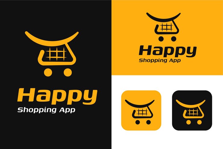 Feliz vetor de logotipo de aplicativo móvel de compras
