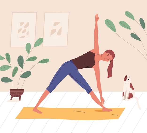 Vetor feliz yogini desfrutando de treinamento no tapete em casa ilustração vetorial plana. mulher sorridente praticando ioga, pilates ou alongamento. personagem feminina fazendo posição parivritta trikonasana.